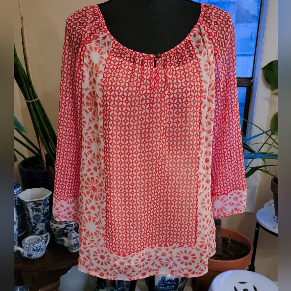 Banana Republic Bohemian Floral Print Red Sheer 3/4 Sleeve Shirt M